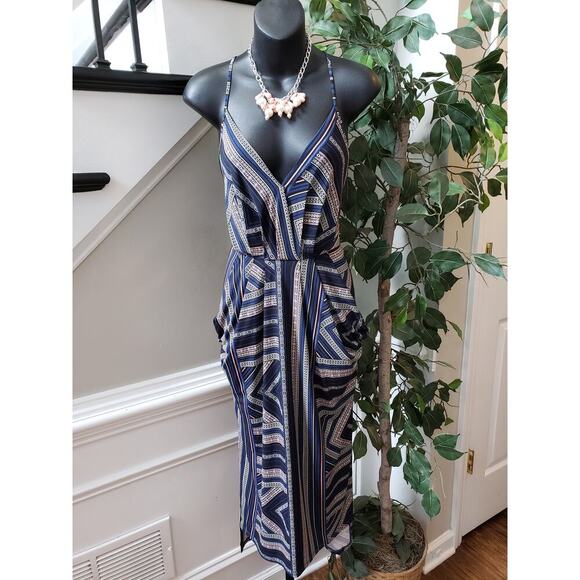 BCBGMAXAZRIA Long Maxi Dress Womens Small Multi Geo Print Pleated Drape Pocket - Picture 1 of 12